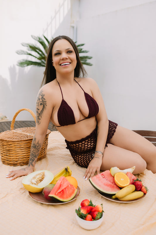 CONJUNTO BIQUÍNI COM SAIA BORDÔ - COLEÇÃO SAARA